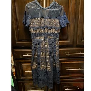 Navy Blue Short Sleeve Lace Long Dress